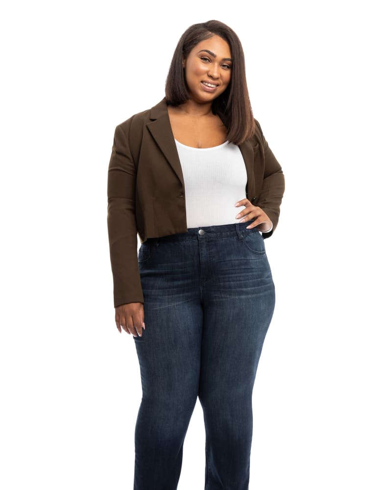 Front of a model wearing a size 14W Ailani High Rise Slim Bootcut Jean in Ailani by 1822 Denim. | dia_product_style_image_id:245625